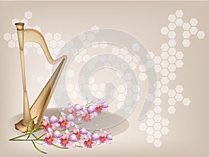 A Beautiful Harp and Orchid on Brown Background