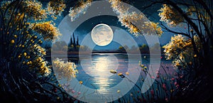 Beautiful harvest moon rising over a clear lake with trees and flowers. Abstract landscape colorful painting of night on magic.