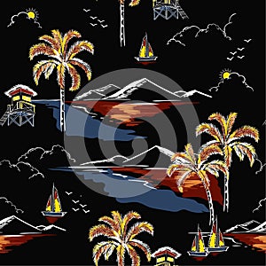 Beautiful hawaiian seamless island pattern vector. Landscape wit