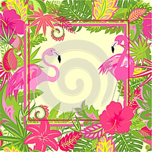 Beautiful Hawaiian wallpaper with exotic flowers, tropical leaves and pink flamingo for wedding and party invitations, t shirt pri