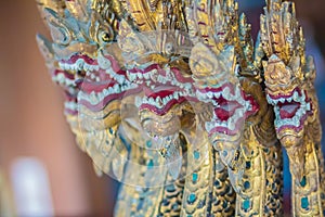 Beautiful 7 heads naga craved pattern in the royal barge Anantanakkharat, a royal barge in Thailand, created and built during