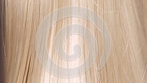 Beautiful healthy blonde Hair. A closeup view of a bunch of shiny straight blond hair in a wavy style. slow motion