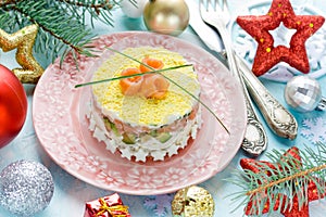 Beautiful healthy sushi salad on Christmas festive table