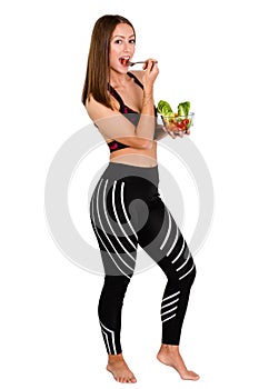 Beautiful healthy woman eating salad, Dieting Concept. Healthy Lifestyle. - Image