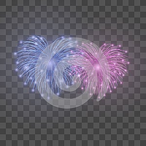 Beautiful heart-fireworks set. Bright romantic couple firework isolated transparent background. Love decoration salute