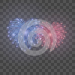 Beautiful heart-fireworks set. Bright romantic couple firework transparent background. Love decoration salute