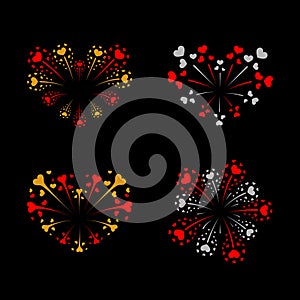 Beautiful heart-fireworks set. Bright romantic salute isolated on black background. Love decoration flat firework