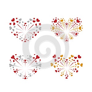 Beautiful heart-fireworks set. Bright romantic salute isolated on white background. Love decoration flat firework