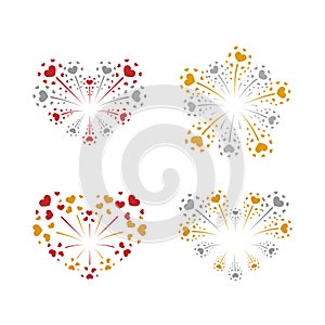 Beautiful heart-fireworks set. Gold, red romantic salute isolated on white background. Love decoration flat firework