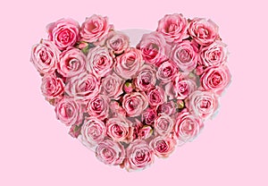 Beautiful heart made of beautiful pink roses on a pink background. I love you. Greeting card.Valentine`s day.Woman`s day