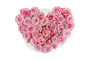 Beautiful heart made of beautiful pink roses on a white background. I love you. Greeting card.Valentine`s day.Woman`s