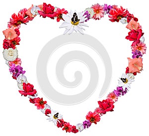 Beautiful heart made of different flowers on white background