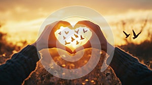 A Beautiful Heart Shape Formed by Female Hands Around a Stunning Sunset with Birds Gracefully Flying in the Sky photo