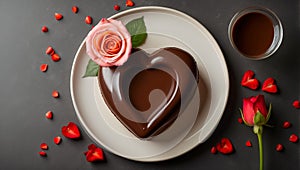 Beautiful heart shaped cake chocolate icing, rose biscuit flower sweet romance decoration