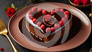 Beautiful heart shaped cake chocolate icing, rose flower sweet romance decoration