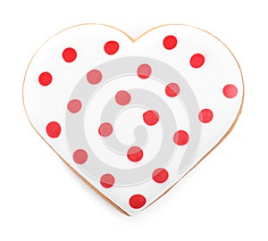 Beautiful heart shaped cookie on white background, top view. Valentine`s day treat