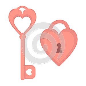 Beautiful heart shaped vintage skeleton key and padlock in pink color. Flat cartoon style. Valentines day, romance, love,