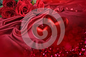 beautiful hearts 3d illustration, satin draped with flowers, silk cloth background, magenta, hot pink background luxury cloth,