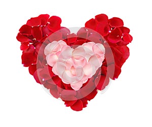Beautiful hearts of red and pink rose petals isolated on white