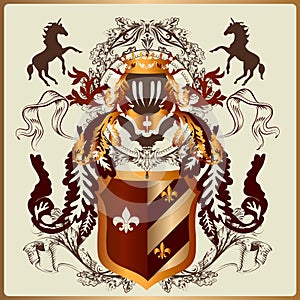 Beautiful heraldic design with armor, ribbons and royal elements