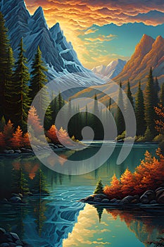 A beautiful hidden lake with mountain, trees around, wildplants, water reflection, William Harris style, painting art photo