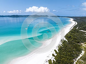Beautiful high angle aerial drone view of famous Whitehaven Beach, part of the Whitsunday Islands National Park