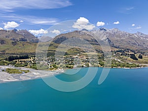 Beautiful high angle aerial view of the town of Glenorchy