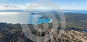 Beautiful high angle panoramic aerial drone view of Coles Bay and Freycinet National park