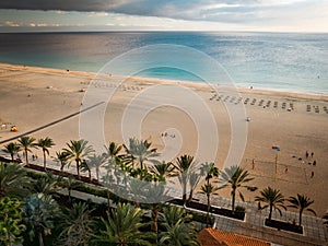 Beautiful high angle view of a beach and calm sea at Fuerteventura