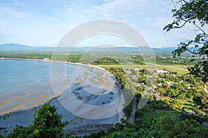 Beautiful high angle view sea sky and seaside tourist town background from the mountain at Khao Lom Muak