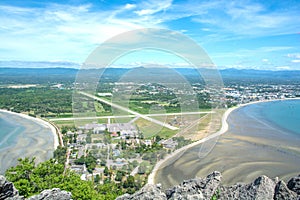 Beautiful high angle view sea sky and seaside tourist town background from the mountain at Khao Lom Muak, Hua-Hin District,