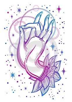 Beautiful high-detailed Buddha`s hand illustration. Religious vector artwork in linear style isolated. Tattoo, spiritualy, yoga. photo