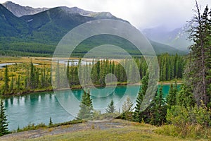 Beautiful high mountains of the Canadian Rockies and an alpine river along the Icefields Parkway between Banff and Jasper