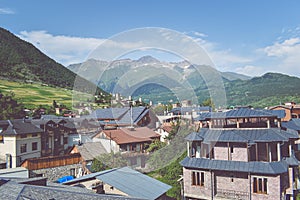 Beautiful highland townlet Mestia in the Svaneti region, Georgia, Asia. Cityscape view of traditional rural houses with