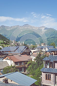 Beautiful highland townlet Mestia in the Svaneti region, Georgia, Asia. Cityscape view of traditional rural houses with