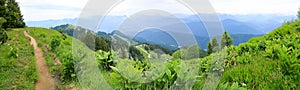 Beautiful hiking trail at Brauneck mountain ridge, with view to the alps and valley