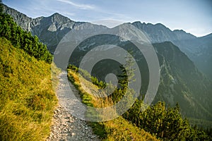 A beautiful hiking trail in the mountains. Mountain landscape in Tatry, Slovakia.