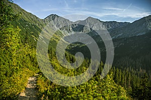 A beautiful hiking trail in the mountains. Mountain landscape in Tatry, Slovakia.