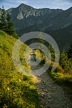 A beautiful hiking trail in the mountains. Mountain landscape in Tatry, Slovakia.