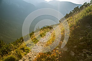 A beautiful hiking trail in the mountains. Mountain landscape in Tatry, Slovakia.