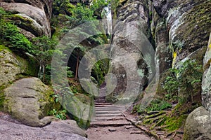 Beautiful hiking trail in the mountains. The rocks of the mountains in the forest.