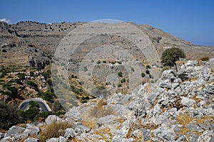 Beautiful hilly landscapes are located near the Eparchiaki Odos Lardou-Lindou highway. Lardos, Rhodes Island, Greece