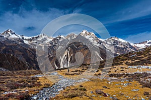 Beautiful HImalayan Mountain Range with Snowy Peaks and Blue Sky in Nepal\'s Trekking Route