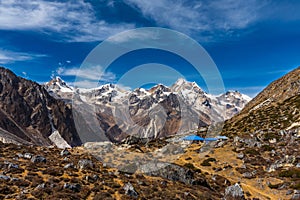 Beautiful HImalayan Mountain Range with Snowy Peaks and Blue Sky in Nepal\'s Trekking Route