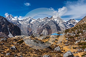 Beautiful HImalayan Mountain Range with Snowy Peaks and Blue Sky in Nepal\'s Trekking Route