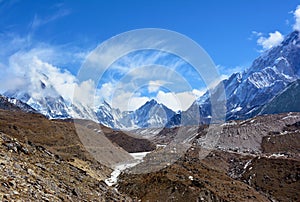 Beautiful Himalayan Mountains covered with clouds on the way to