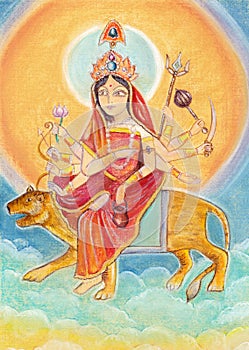 Beautiful Hindu goddess rendering Chandraghanta Devi. Navaratri. Day 3. Pastel drawing.