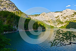 Beautiful Hinterer Gosausee lake landscape with Dachstein mountains in Austrian Alps. Salzkammergut region.