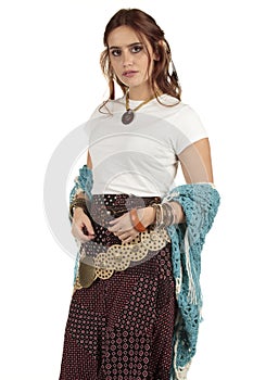 Beautiful hippy boho girl wearing a plain white t-shirt in a festival ready for your design