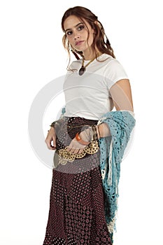 Beautiful hippy boho girl wearing a plain white t-shirt in a festival ready for your design